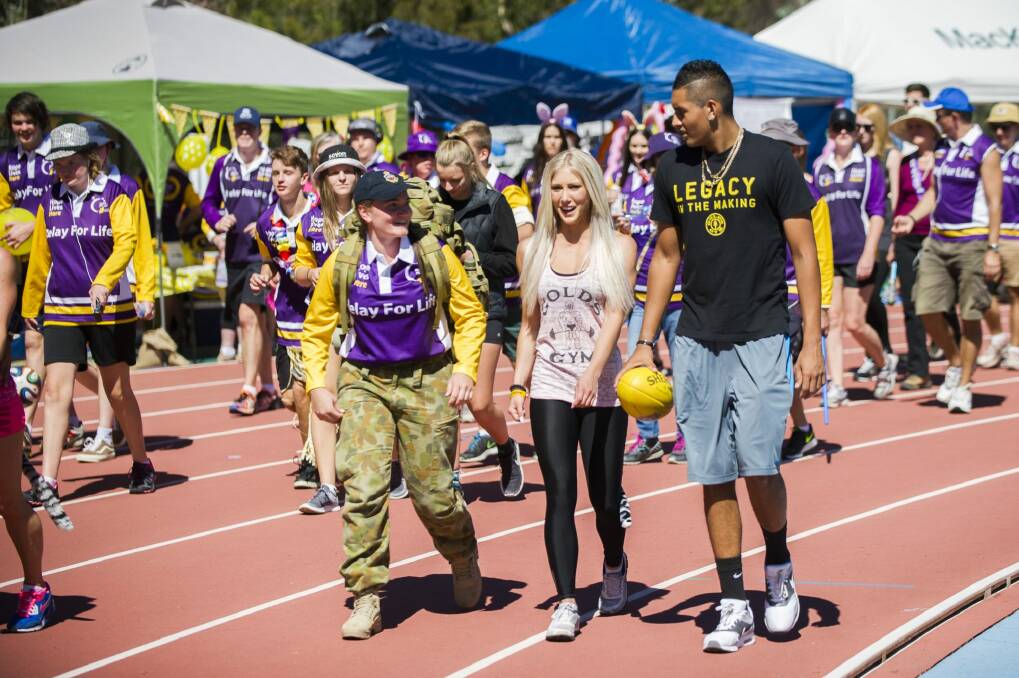 Nick Kyrgios joined the Cancer Council's Relay for Life in Bruce on Saturday. Photo: Rohan Thomson