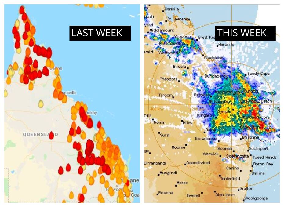 In December 2018 Queensland's central coast was covered in bushfires one week, then heavy rains. Photo: My Fire Watch and Bureau of Meteorology