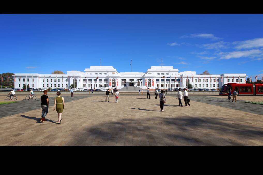 An artists's impression of the tram in front of Old Parliament House. Chief Minister Andrew Barr says this route will now likely be dumped in favour of State Circle.  Photo: Supplied