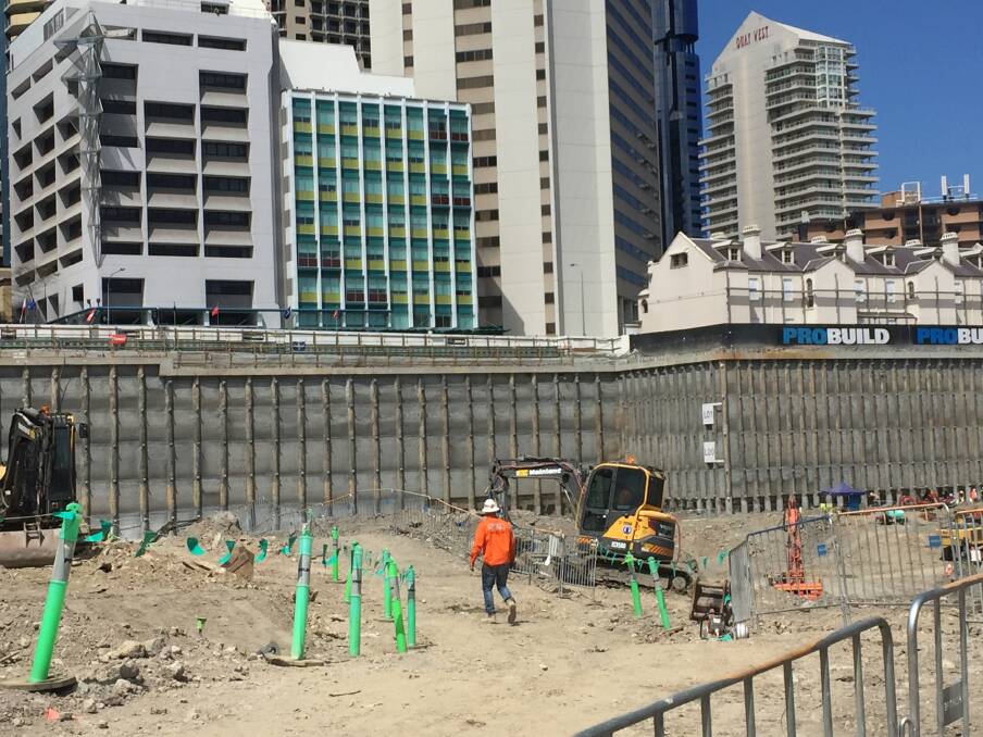 Excavation on Queens Wharf casino site has reached 16 metres below George Street. Photo: Tony Moore