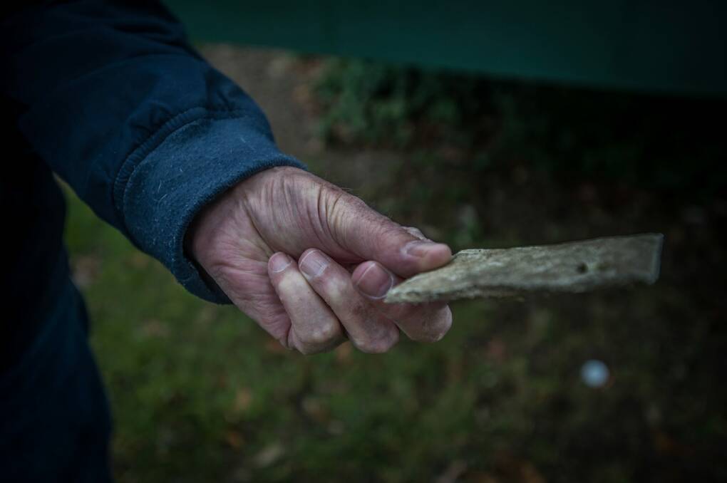 Curtin's Jeremy Thompson holds a chunk of asbestos he recently found at the proposed pond site.  Photo: Karleen Minney