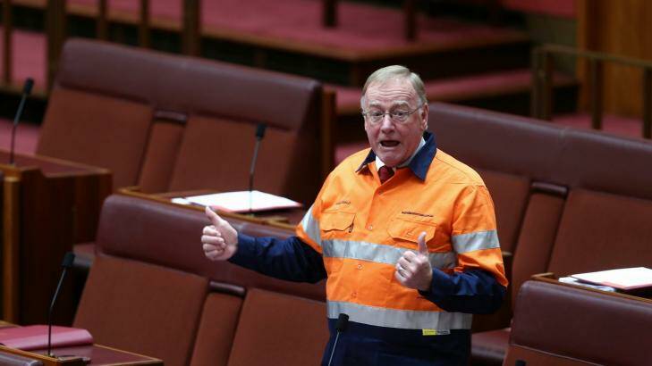 "Disorderly": Liberal Senator Ian Macdonald donned a high-vis “Australians for Coal” provided by the Minerals Council shirt during debate. Photo: Alex Ellinghausen