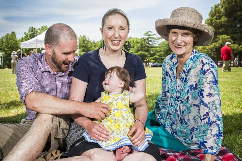 From left, Adam Whitby, Marta Whitby-Skousen and Ethel Whitby with baby Aurora Whitby, one of the Red Cross Centenary Babies born in the ACT on World Red Cross Day.  Photo: Matt Bedford