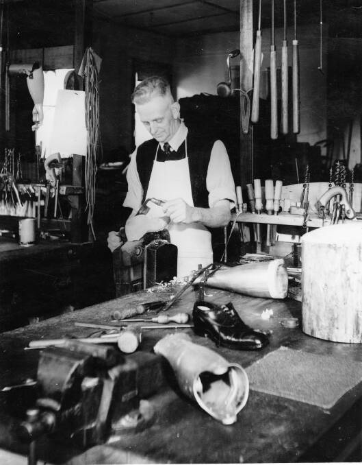 Robert Newbound in his wooden legs workshop in Adelaide.