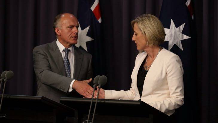 Deal: Employment Minister Eric Abetz says the Commonwealth will loan ACT Chief Minister Katy Gallagher's government $1 billion. Photo: Andrew Meares