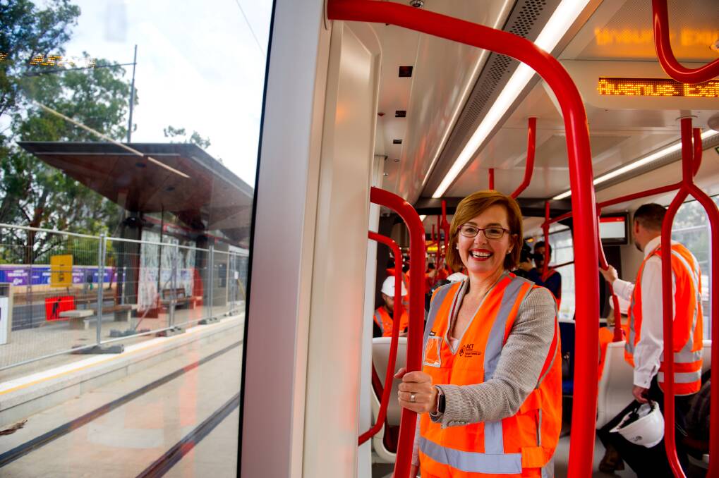 Minister for Transport Meegan Fitzharris for her first ride on Canberra's light rail. Photo: Elesa Kurtz