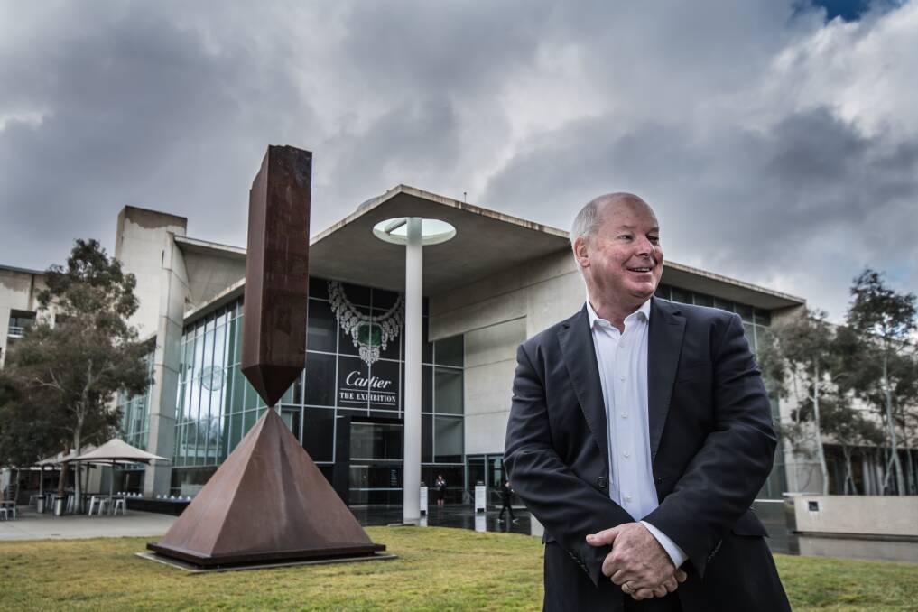 Gerard Vaughan finishes as director of the National gallery of Australia this week. In the background is the newly acquired Broken Obelisk, by Barnett Newman. Photo: Karleen Minney
