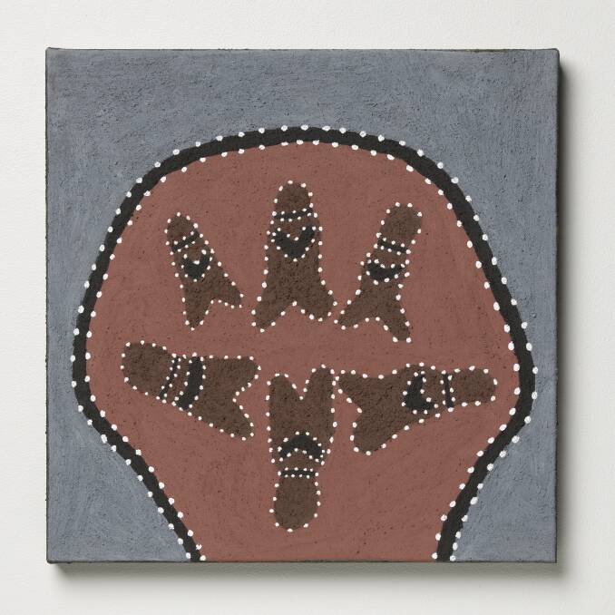 Shirley Purdie: 'Teaching me when I was growing up'. 2018.
Natural ochre and pigments on canvas. 45 x 45.5cm. Shirley Purdie.  Photo: Courtesy of the artist (Nangari) and Warmun Art Centre