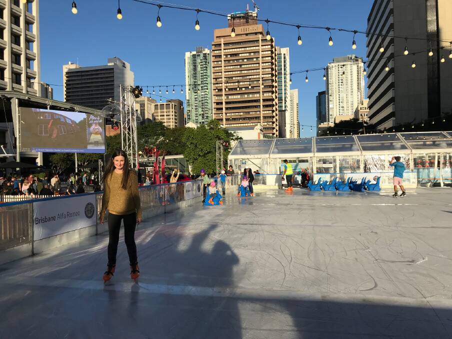 Brisbane Times journalist Felicity Caldwell takes to the ice on the first day of the Brisbane skate festival. Photo: Alison Brown