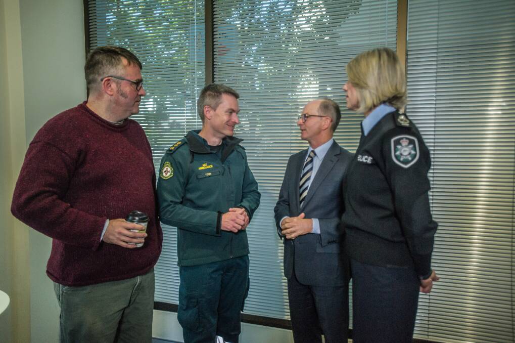 STA SAFE representative Dr David Caldicott, ACT Ambulance officer Toby Keene, ACT Chief Health Officer Dr Paul Kelly and Chief Police Officer for the ACT Assistant Commissioner Justine Saunders. Photo: Karleen Minney