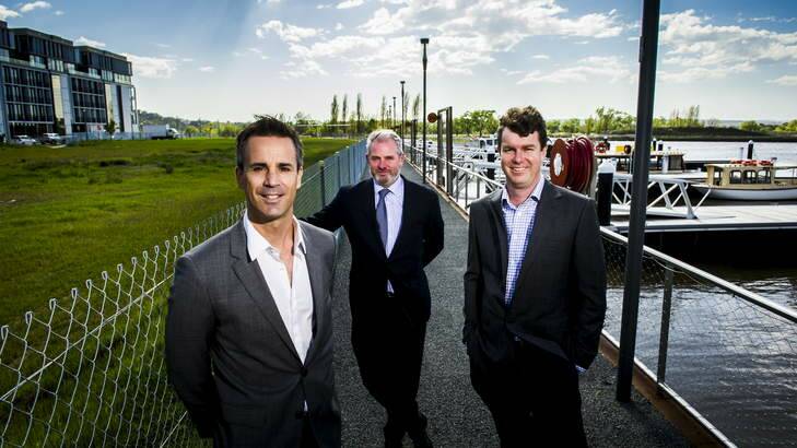 Developers, Jure Domazet (left) and Gavin Edgar (right) from Doma with agent Andrew Steward (centre). Photo: Rohan Thomson
