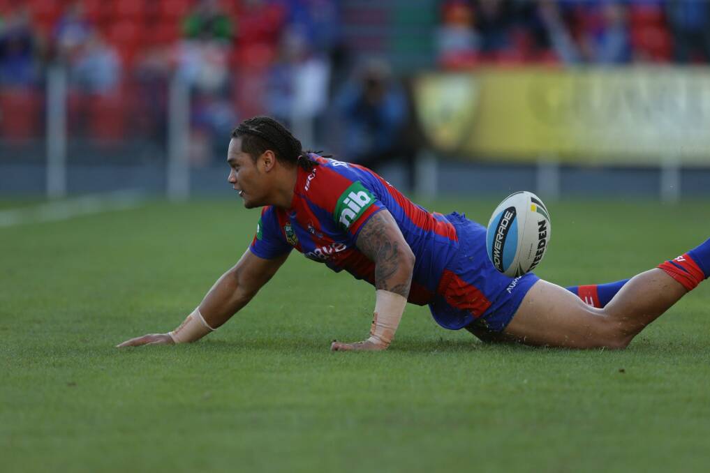 Joey Leilua scores a try for Newcastle against the Canberra Raiders just weeks ago.  Photo: Jonathan Carroll