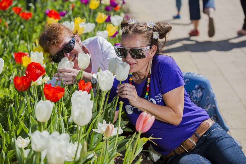 Legally blind woman Cathie Morant and Isla Smith from the Royal Society for the Blind (wearing glasses that impair her vision) enjoy the smells of Floriade. Photo: Jamila Toderas