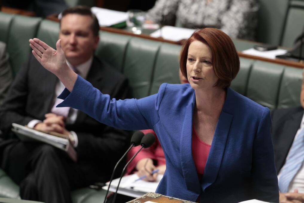 Then prime minister Julia Gillard delivers her 'misogyny' speech to Abbott in Parliament in 2012. Photo: Andrew Meares