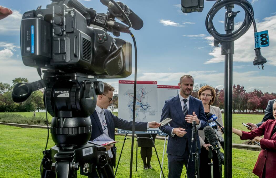 The ACT Chief Minister Andrew Barr releasing route options for the Woden tram that he hopes the federal government will help fund. Photo: karleen minney