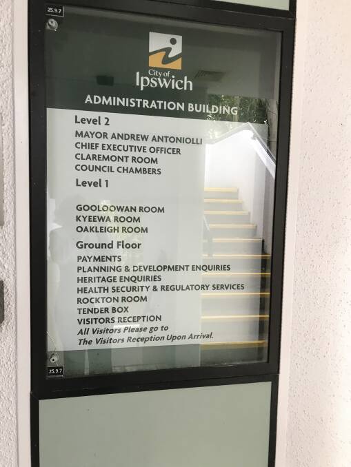 A sign outside Ipswich City Council offices still has sacked mayor Andrew Antoniolli's name. Photo: Alison Brown