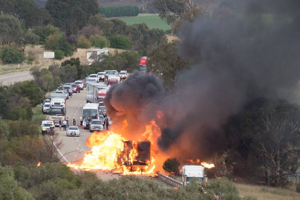 The truck caught fire on the Hume Highway near Yass. Photo: Andrew Hennell Photography