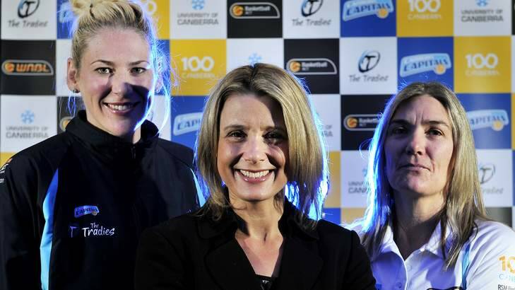 Kristina Keneally,  centre, pictured here with basketballers Lauren Jackson and Canberra Capitals coach Carrie Graf. Photo: Jay Cronan