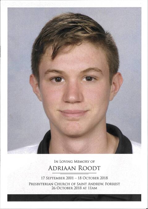 Adriaan Roodt's funeral booklet. He tragically died aged 17 years, 1 month and 1 day. Photo: Supplied