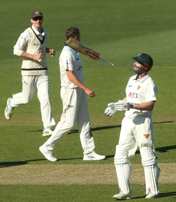 Throwing away his wicket: Alex Doolan shows his frustration after being dismissed by Victoria's Peter Siddle for 94 in Tasmania's 2nd innings. Photo: AAP