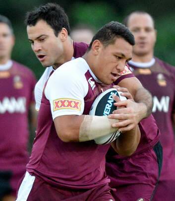 David Shillington tackles Josh Papalii during a Queensland Maroons State of Origin training session on May 29. Photo: Getty Images