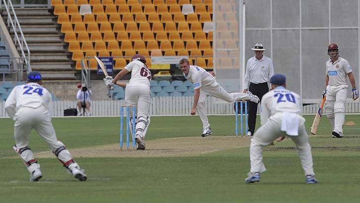 Timely reminder &#8230; overlooked again for Test selection, NSW paceman Doug Bollinger had Queensland reeling at 2-0 with two wickets in the first three balls of the day at Manuka Oval. Photo: Graham Tidy