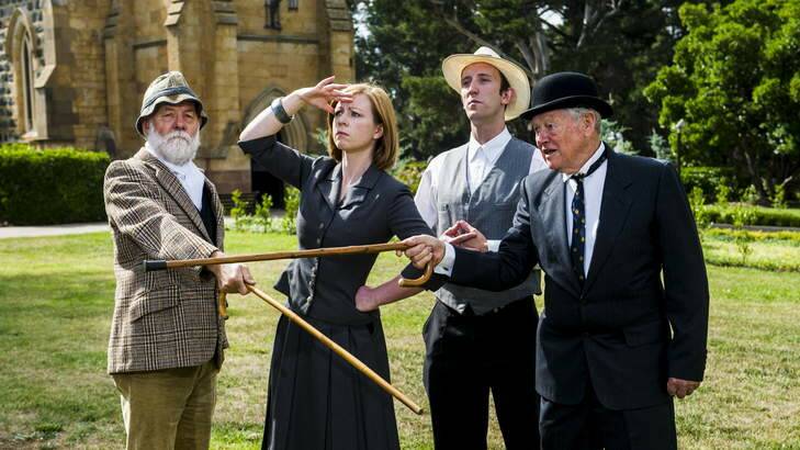 (L-R) Actors, John McGlynn, Georgia Pike, Dale Stam, and Phil Perman, will perform in "The Battle of the Sites" at St Johns Church in February and March. Photo: Rohan Thomson