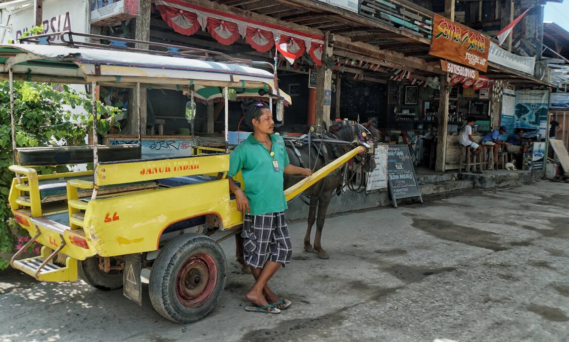 Wildan waits for tourists on Gili Trawangan with his horse and cart. Photo: Amilia Rosa