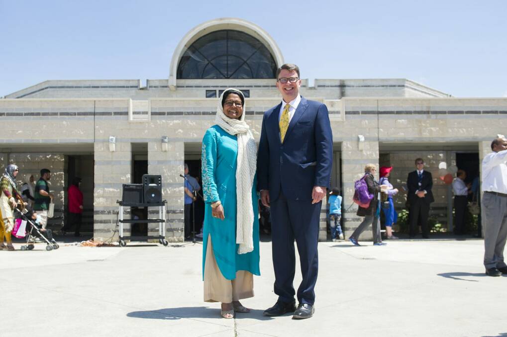 Canberra Islamic Centre president Azra Khan and United States ambassador John Berry at National Mosque Open Day. Photo: Jay Cronan