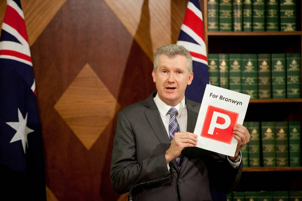 Labor finance spokesman Tony Burke waving a print of a "P" plate for Speaker Bronwyn Bishop. Photo: Arsineh Houspian
