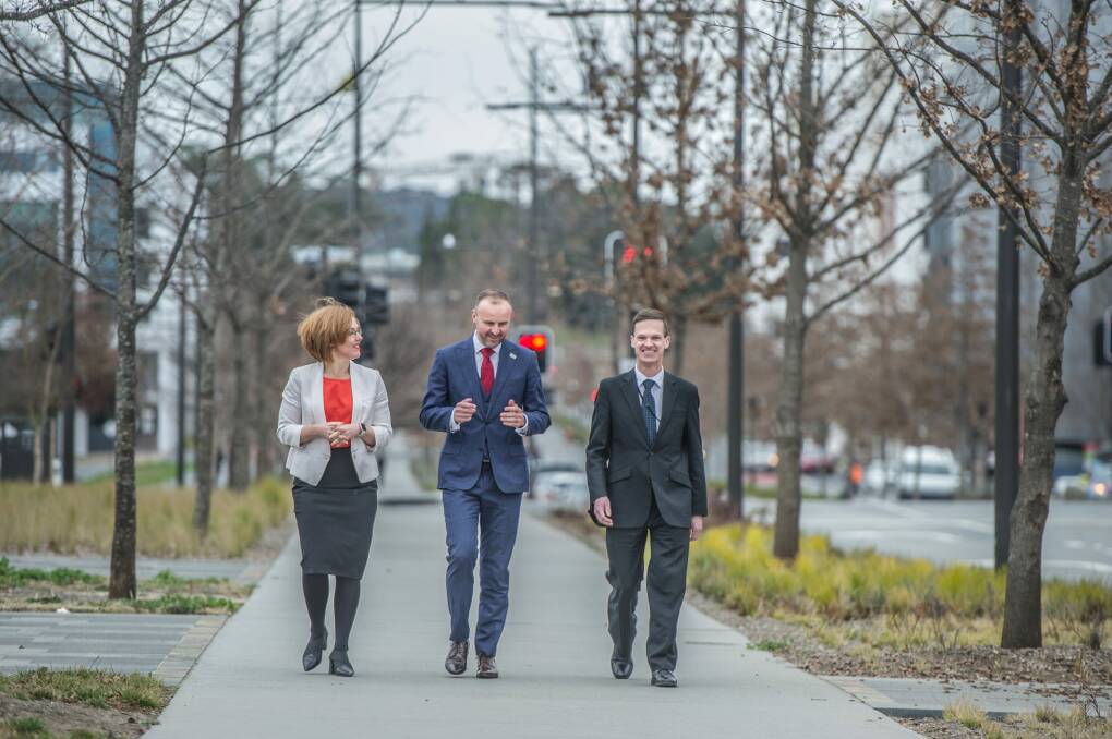 Chief Minister Andrew Barr (centre) announces UNSW plans to set up a new city  campus. Mr Barr walking along Constitution Avenue with higher education minister Meegan Fitzharris and UNSW Canberra rector Professor Michael Frater UNSW Canberra rector. Photo: Karleen Minney