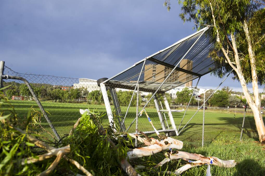 A sight screen on Phillip Enclosed oval flipped over and was damaged by the storm.  Photo: Dion Georgopoulos