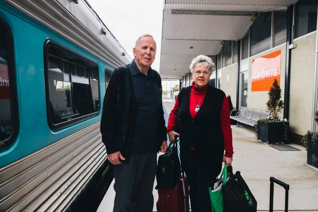Hendrika and John Van Dijk of Rivett waiting to board the train from Canberra to Sydney on Sunday morning. Photo: Rohan Thomson