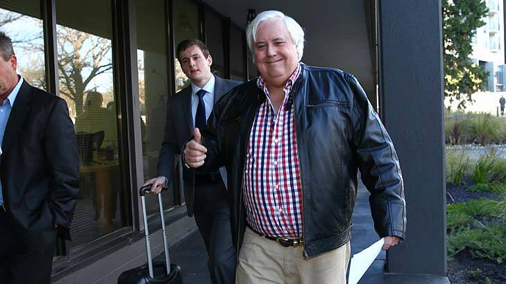 Clive Palmer in Canberra on Thursday says his senators won't vote for the repeal of the carbon tax on Thursday. Photo: Alex Ellinghausen