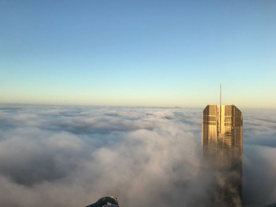 Brisbane's 1 William Street peeks above the layer of fog. Photo: Twitter/RACQ