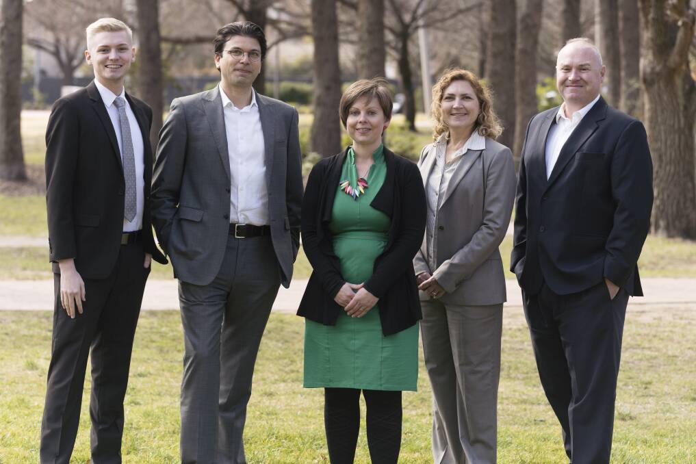 The ACT Greens have announced their candidates to run in the next federal election. Jonathan Davis will run in Bean, Tim Hollo will represent the party in Canberra, lead Senate candidate Penny Kyburz, supporting Senate candidate Emma Davidson, and candidate for Fenner Andrew Braddock. Photo: Lawrence Atkin