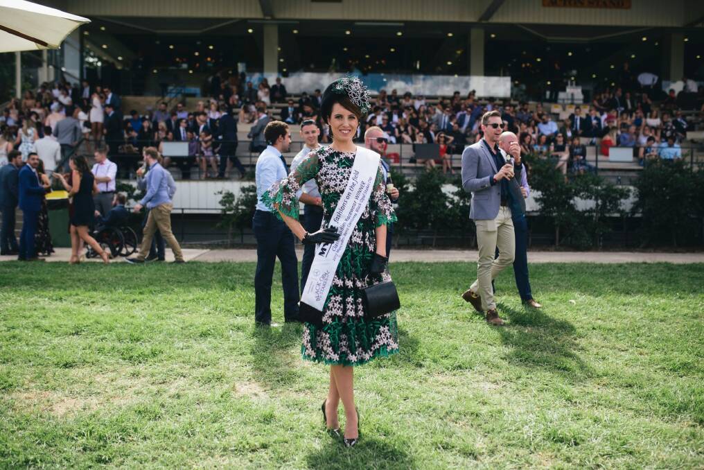 Fashions on the Field women's winner Kate Lynch from Hawksberry in Sydney, in the green and white floral dress her mother made. Photo: Rohan Thomson