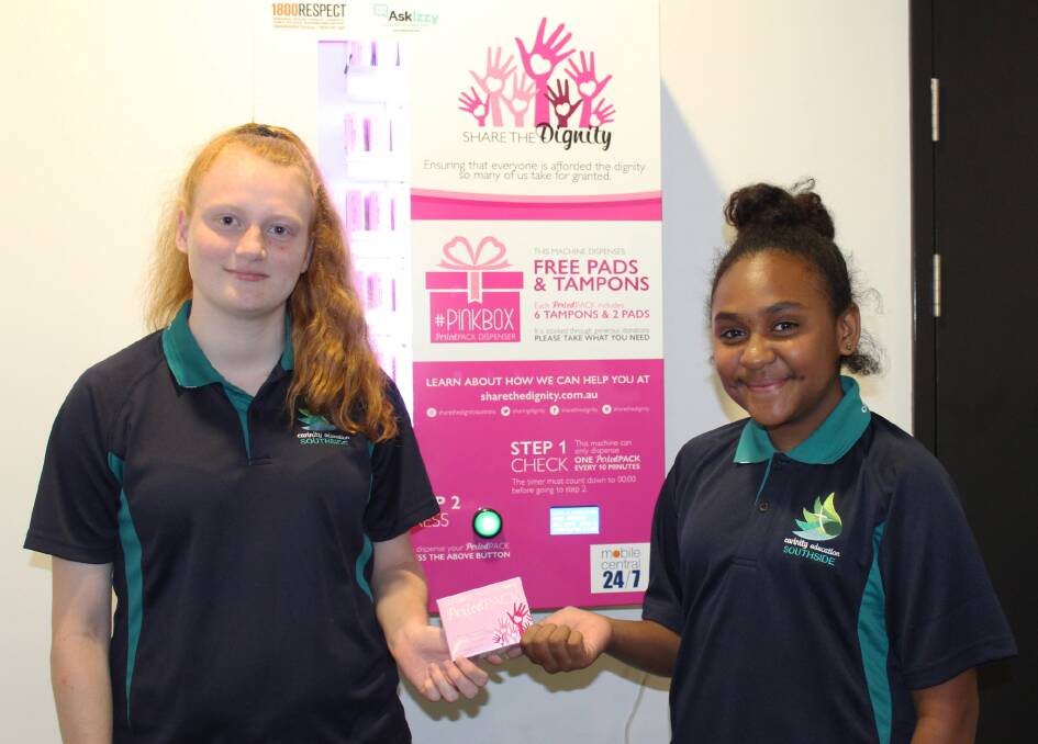 Carinity Education Southside students Skyie and Neavu with Share the Dignity Pinkbox Photo: Tayla Sudall