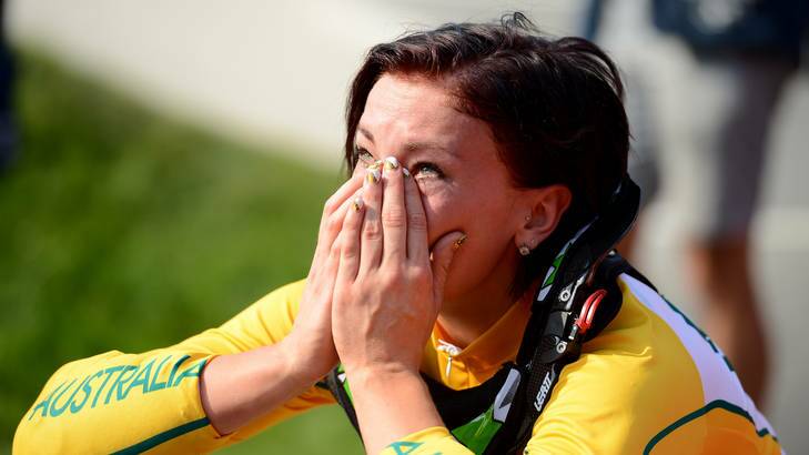 Caroline Buchanan is distraught and in tears  after a disappointing ride in the womens final when she came 5th. Photo: Pat Scala