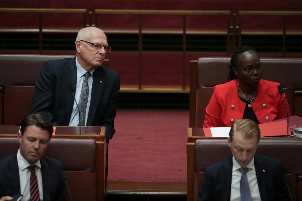 Liberal senators Jim Molan and Lucy Gichuhi, who replaced parliamentarians from the Nationals and Family First respectively. Photo: Alex Ellinghausen
