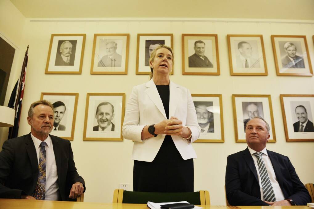 Deputy Prime Minister Barnaby Joyce congratulates the new deputy Nationals leader Bridget McKenzie. Photo: Nick Moir