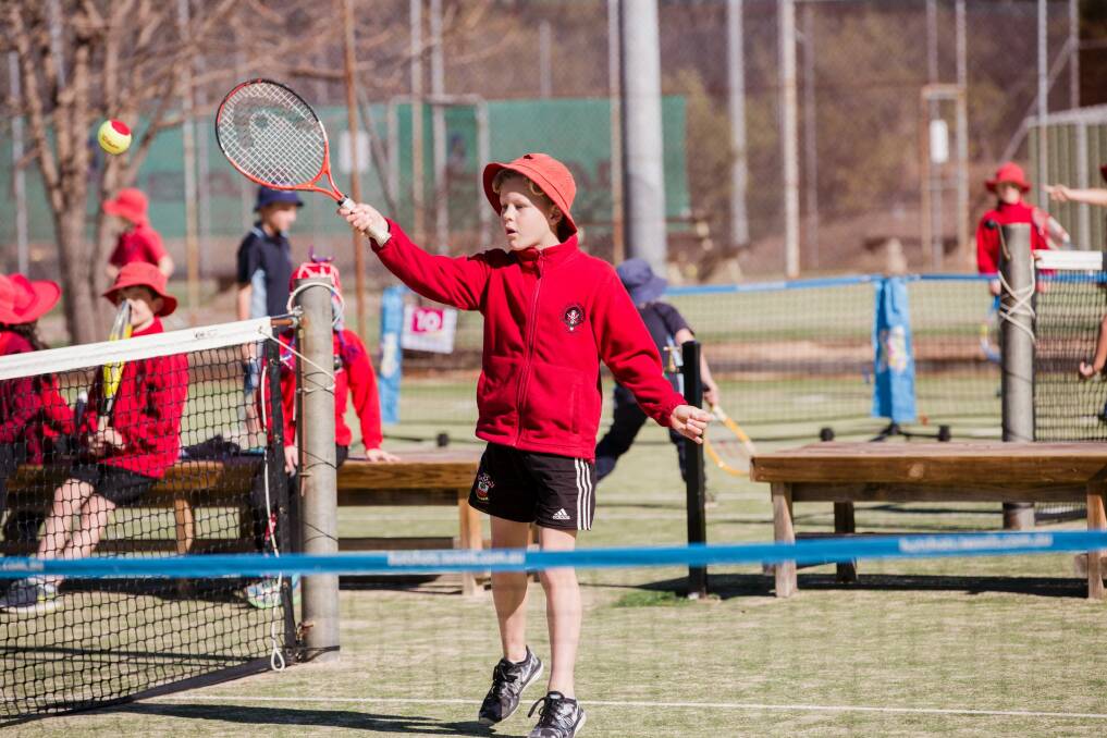 Over 160 Canberra primary school students are competing in the Tennis ACT leg of the Todd Woodbridge Cup. Aranda Primary School student Marco Kennett 9. Photo: Jamila Toderas