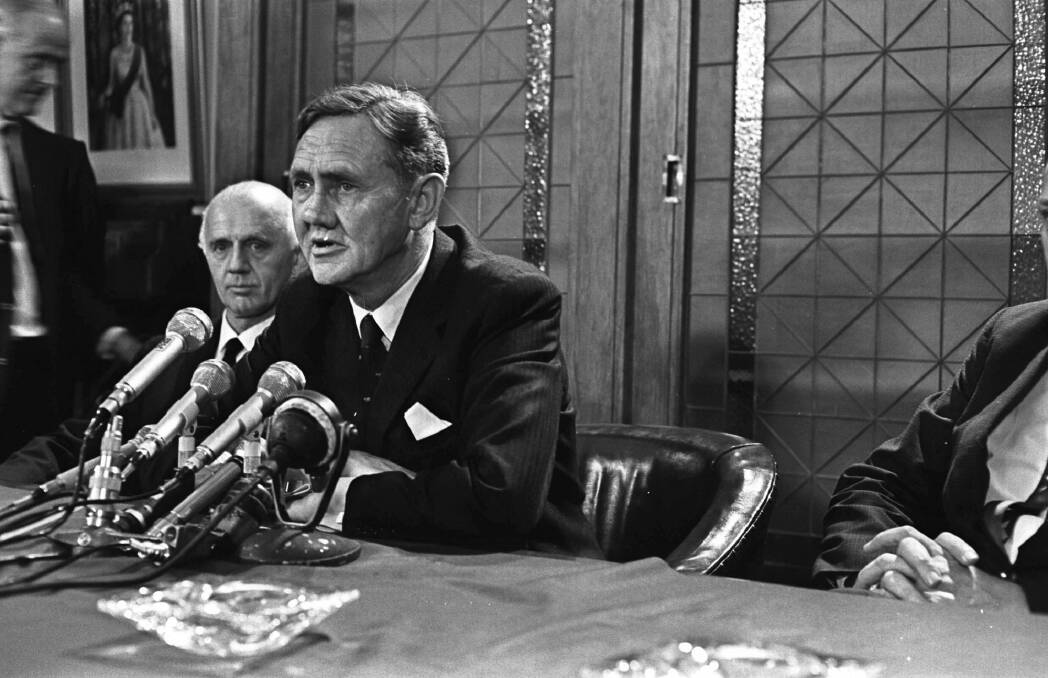 Newly-elected prime minister John Gorton addresses the media after his party-room victory in 1968. Photo: John O'Gready