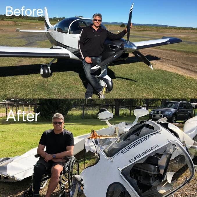 Mr Berg with his South African-designed Sling 4 piston-engine kit plane before and after the crash. Photo: Supplied