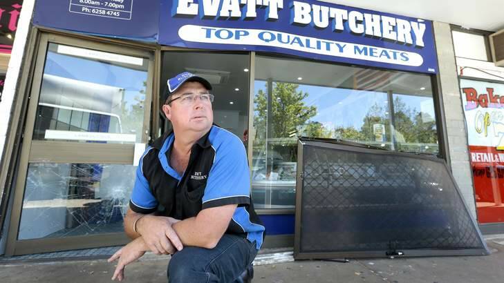 Proprietor Darren Doblinger in front of the damaged Evatt Butchery that was ram raided and had nothing stolen. A BWS in Kaleen was also struck. Photo: Jeffrey Chan