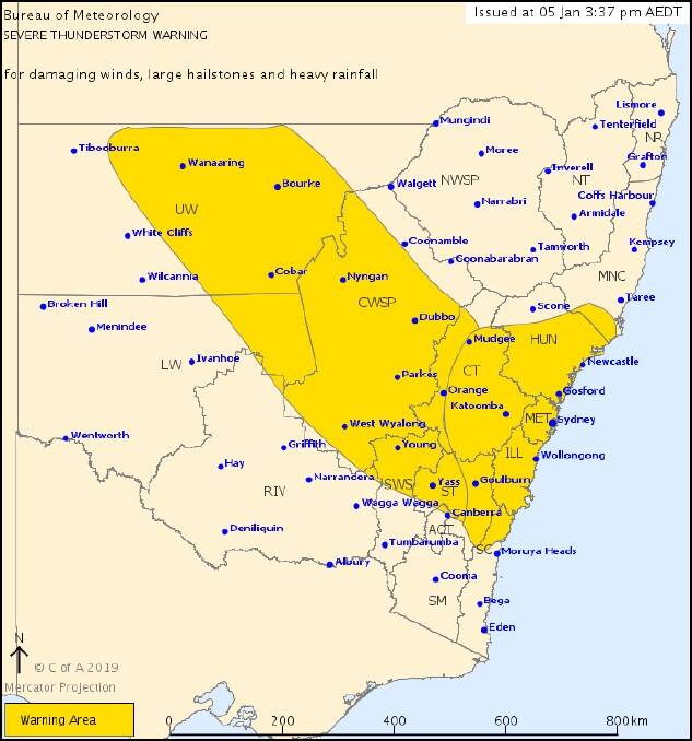 A map of the area covered by a Bureau of Meteorology severe thunderstorm warning issued on Saturday. Photo: Bureau of Meteorology
