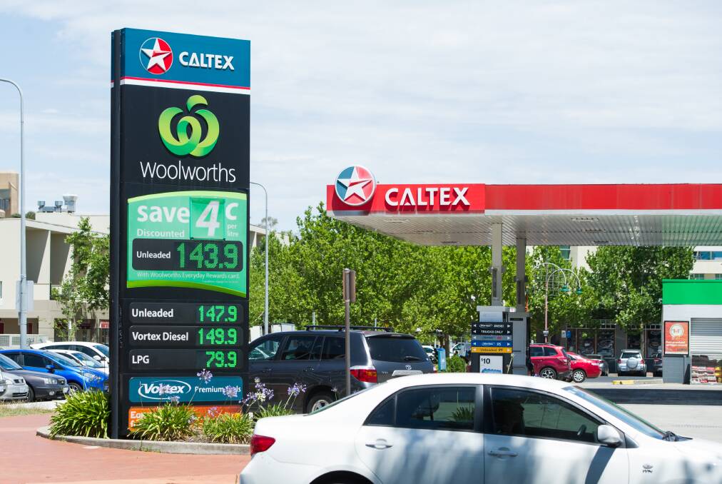 In Dickson, Caltex was charging 147.9 cents per litre for unleaded petrol on Friday; 8 cents per litre more than in Queanbeyan. Photo: Elesa Kurtz