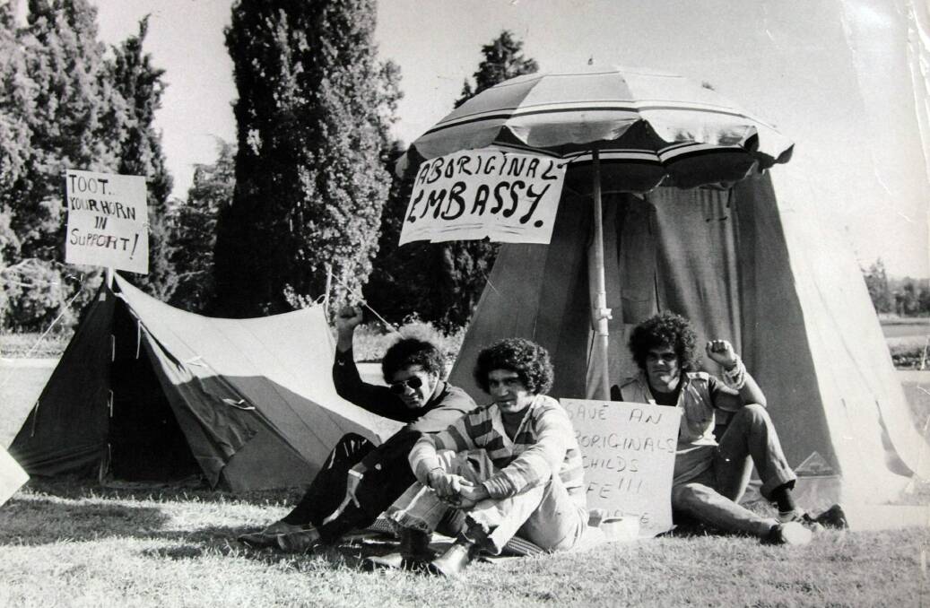 The original Aboriginal Tent Embassy on the lawns in front of Parliament House in 1972.