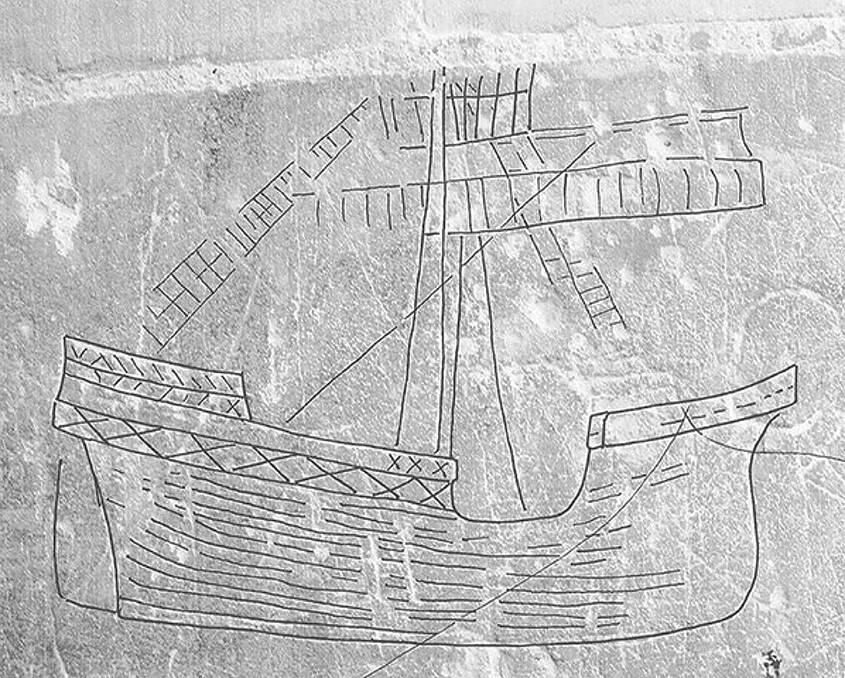 Late medieval ship graffiti, Norwich Cathedral, England. Photo: Matthew Champion.