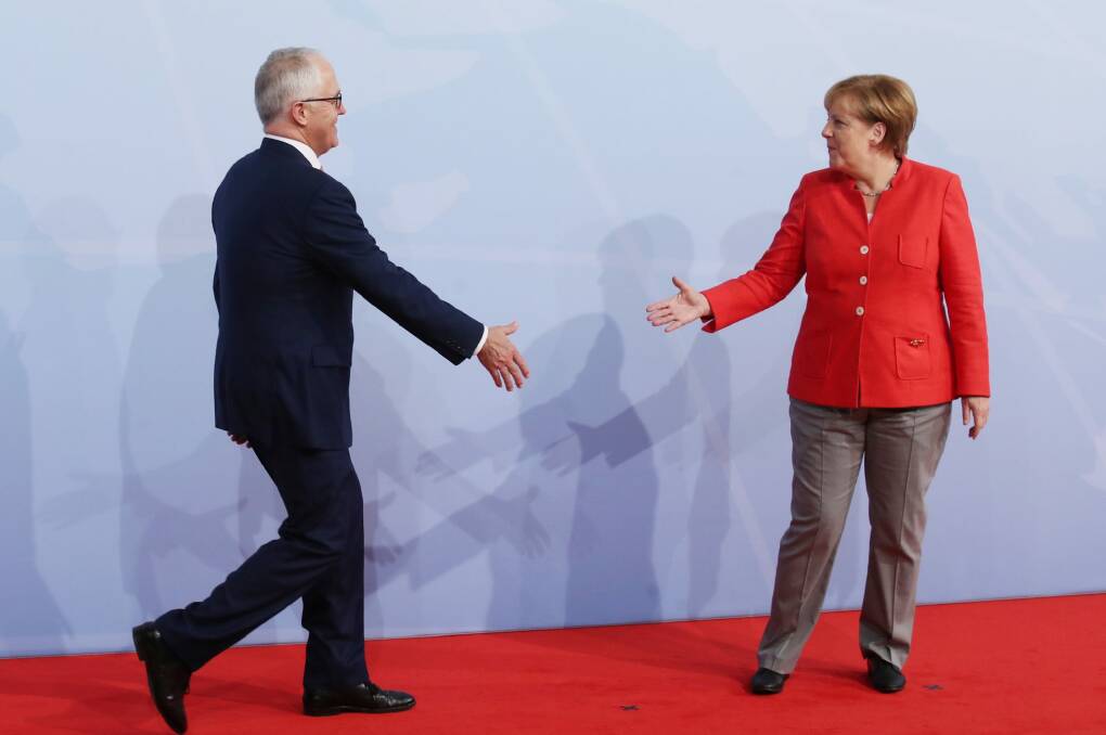 Australian Prime Minister Malcolm Turnbull meets with German Chancellor Angela Merkel in Hamburg. Photo: Andrew Meares